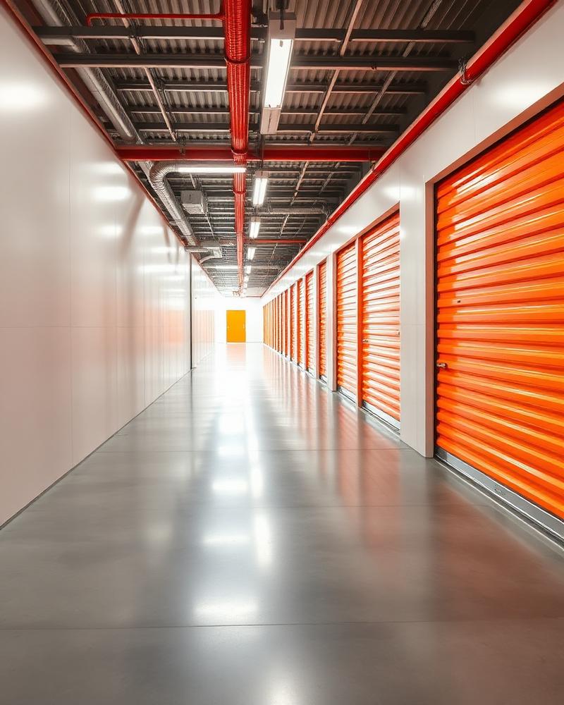Couloir de box de stockage sécurisés avec portes orange